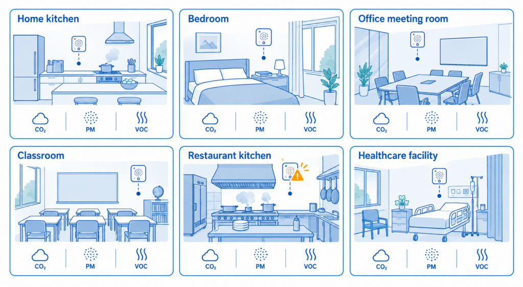 The monitoring approach can extend to homes, classrooms, offices, restaurants, healthcare spaces and sensor comparison studies.