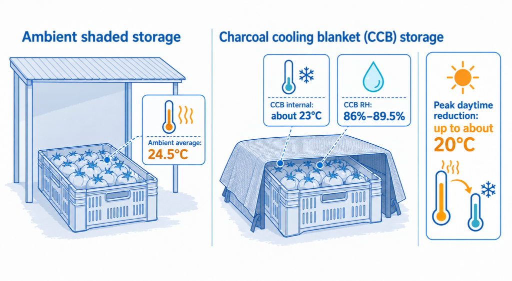 The CCB maintained lower storage temperature and higher relative humidity than ambient shaded storage.