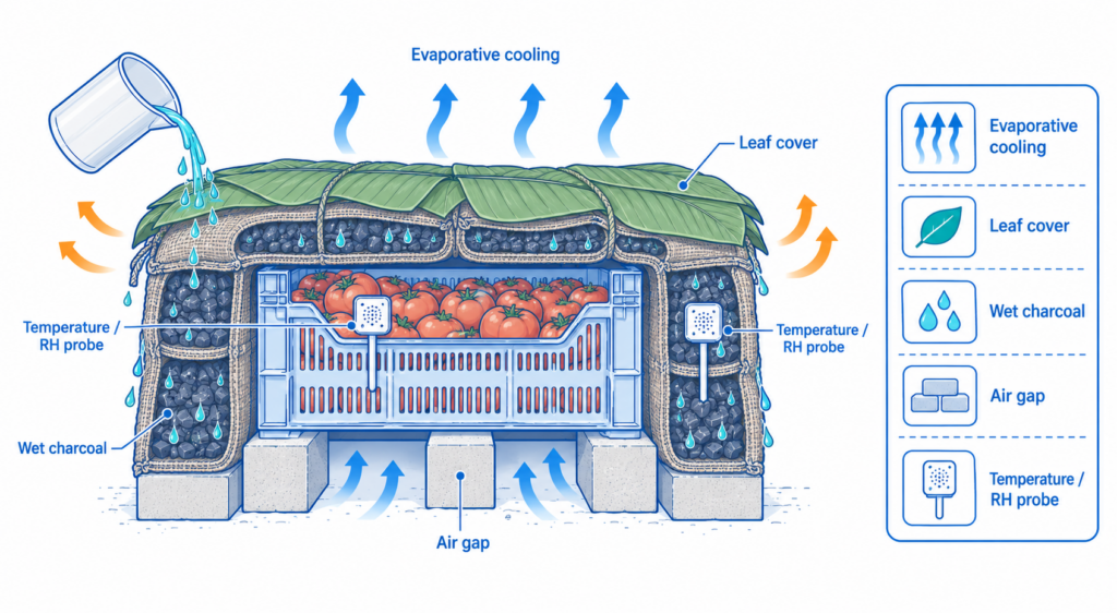 The charcoal cooling blanket used wet charcoal-filled burlap compartments to lower temperature and increase relative humidity around tomatoes.