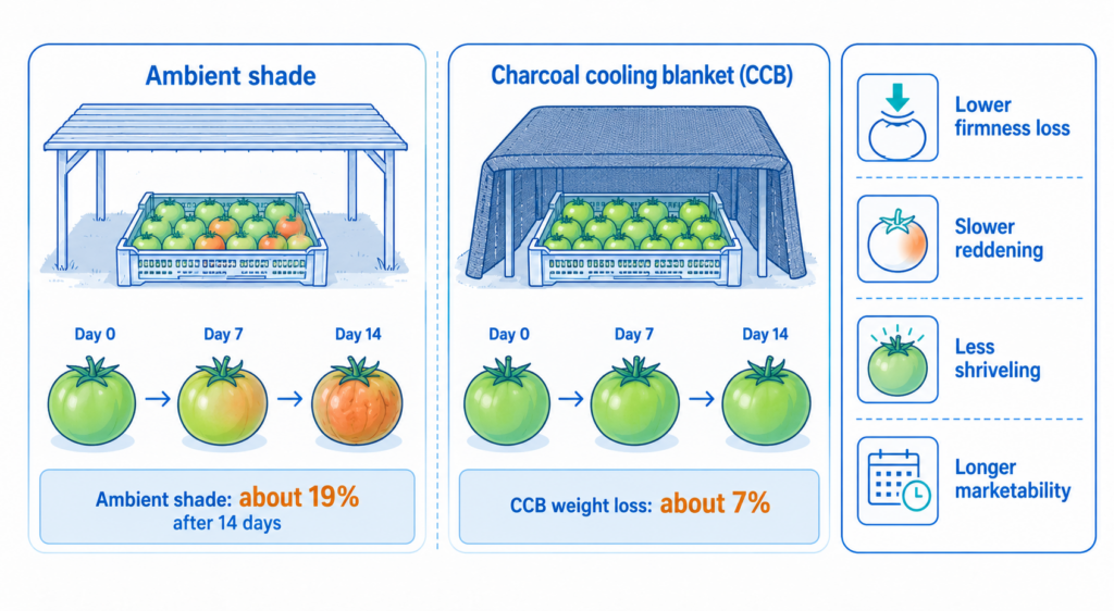 The CCB reduced tomato weight loss, slowed ripening, and helped tomatoes remain marketable longer.