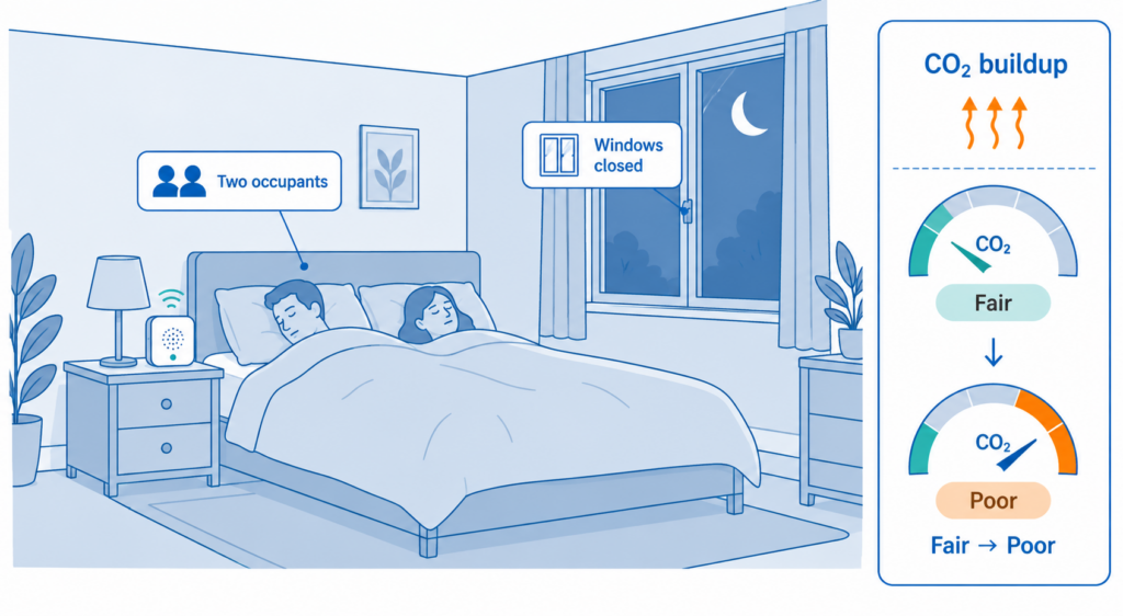 CO2 rose quickly in a closed-window bedroom occupied by two adults.