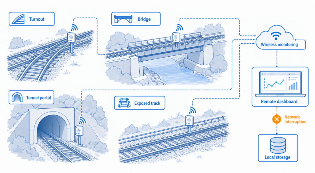 Wireless synchronization and local storage support long-duration field monitoring where network conditions may vary.