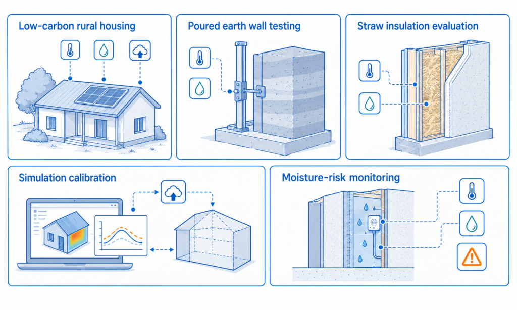 The same monitoring approach can support low-carbon housing, poured earth wall testing, straw insulation evaluation, simulation calibration, and moisture-risk monitoring.