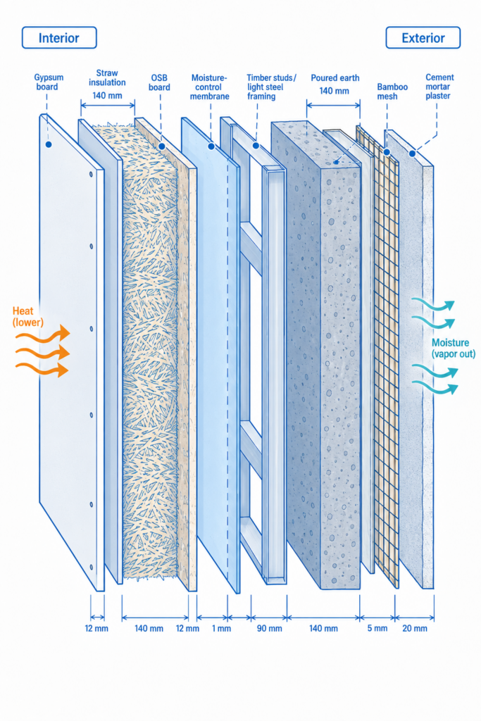 The prototype used a light steel–poured earth–straw composite envelope with thermal mass and moisture-buffering potential.