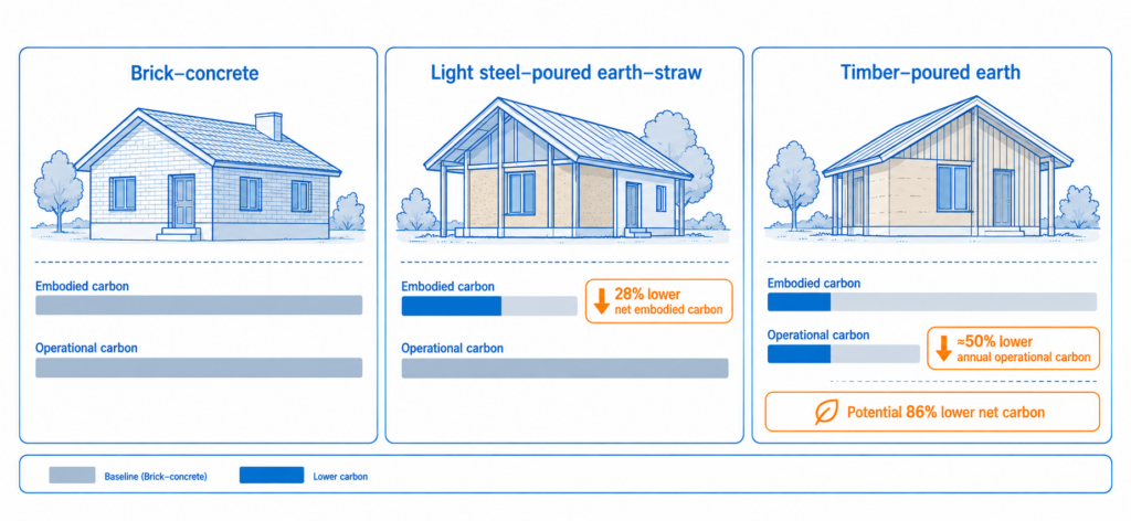 The light steel–poured earth–straw system reduced net embodied carbon by 28% compared with conventional brick–concrete construction.