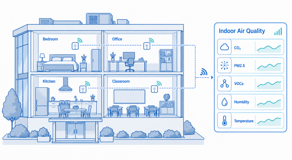 Multi-parameter monitoring helps researchers and building managers understand indoor air quality changes over time.