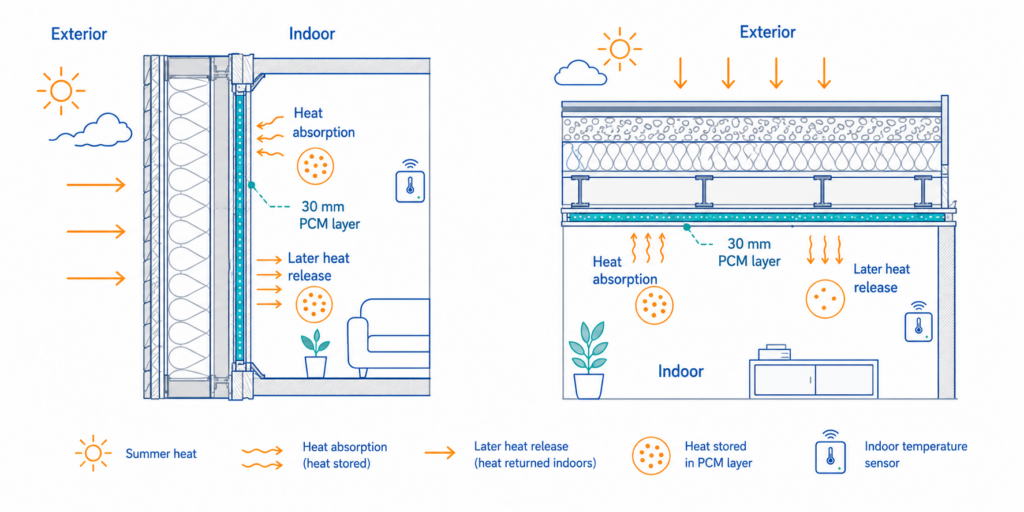 PCM was simulated as a 30 mm layer integrated into mortar on the inner side of external walls and roofs.