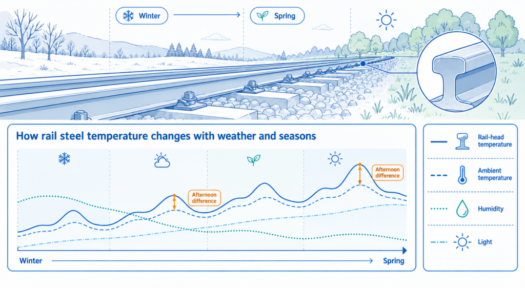 Rail steel temperature changed with ambient temperature, sunlight, humidity and seasonal conditions.