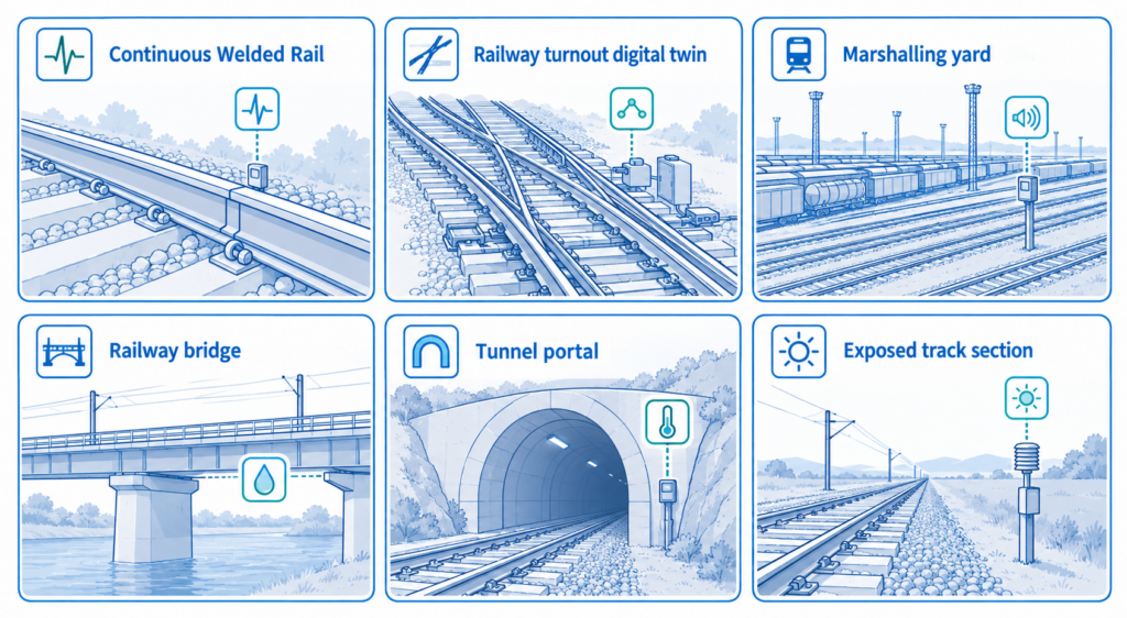 Similar monitoring can support Continuous Welded Rail, marshalling yards, bridges, tunnel portals and exposed track sections.