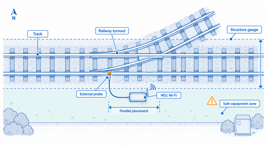 The logger was deployed near the turnout area, outside the railway structure gauge and parallel to the tracks.