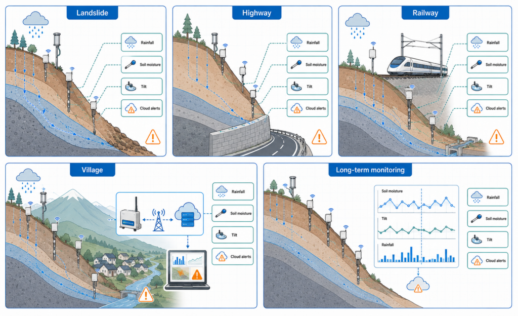 The same monitoring approach can support landslide-prone slopes, transportation corridors, mountain villages, and long-term slope health monitoring.