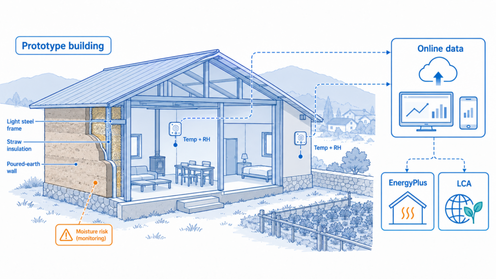 Study overview: UbiBot GS1-AL4G1RS sensors monitored indoor and outdoor temperature and relative humidity in a rural poured earth and straw prototype building.