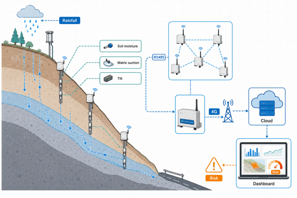 Study overview: UbiBot RS485 sensors contributed soil moisture data to a wireless sensor network for rainfall-induced landslide monitoring.