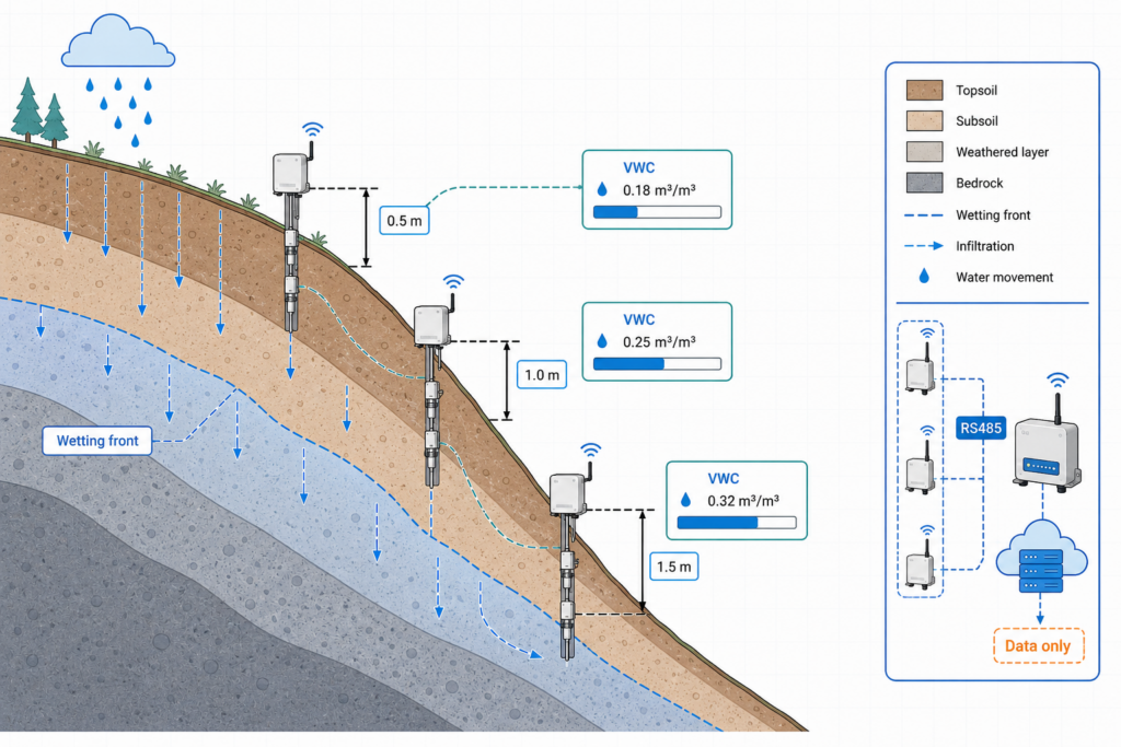 UbiBot RS485 sensors monitored soil water-state variation as rainfall infiltrated through topsoil layers.