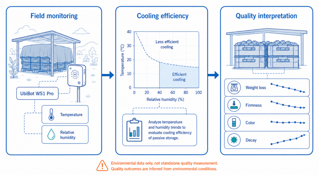 Temperature and humidity records helped explain produce quality outcomes such as weight loss, firmness, color, and decay.