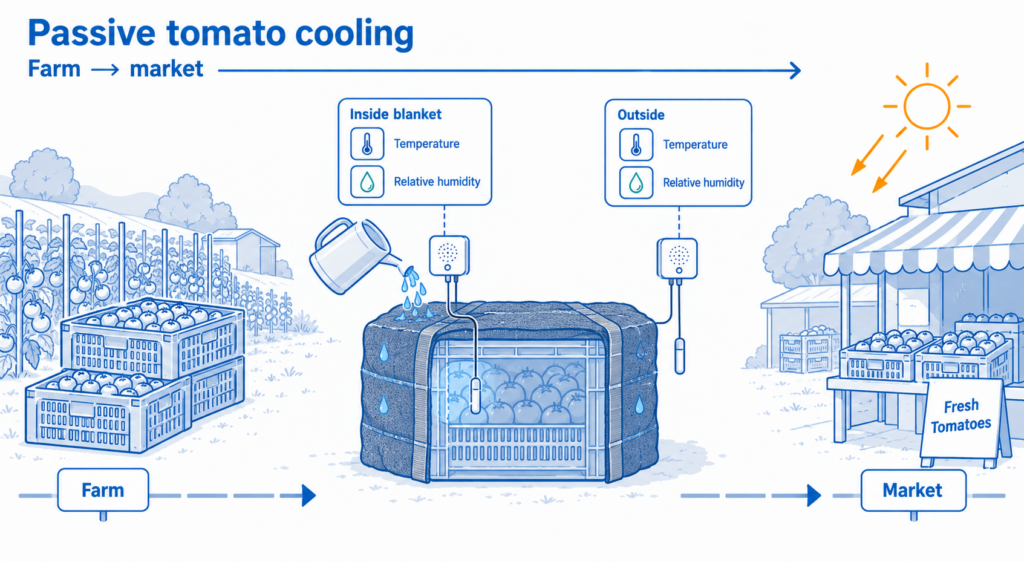 Study overview: UbiBot WS1 Pro monitored temperature and relative humidity inside and outside charcoal cooling blankets during passive tomato cooling trials.
