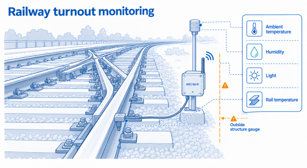 UbiBot WS1 Wi-Fi collected environmental data and rail-head temperature data for railway turnout monitoring research.