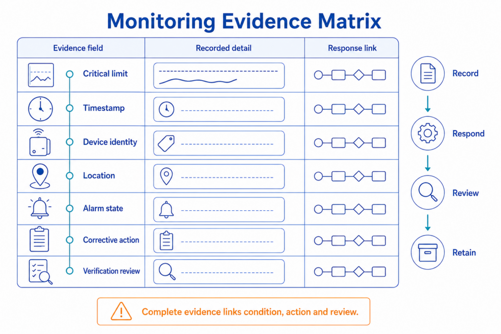 Matrix showing how temperature data supports CCP monitoring and ISO 22000 audit evidence.