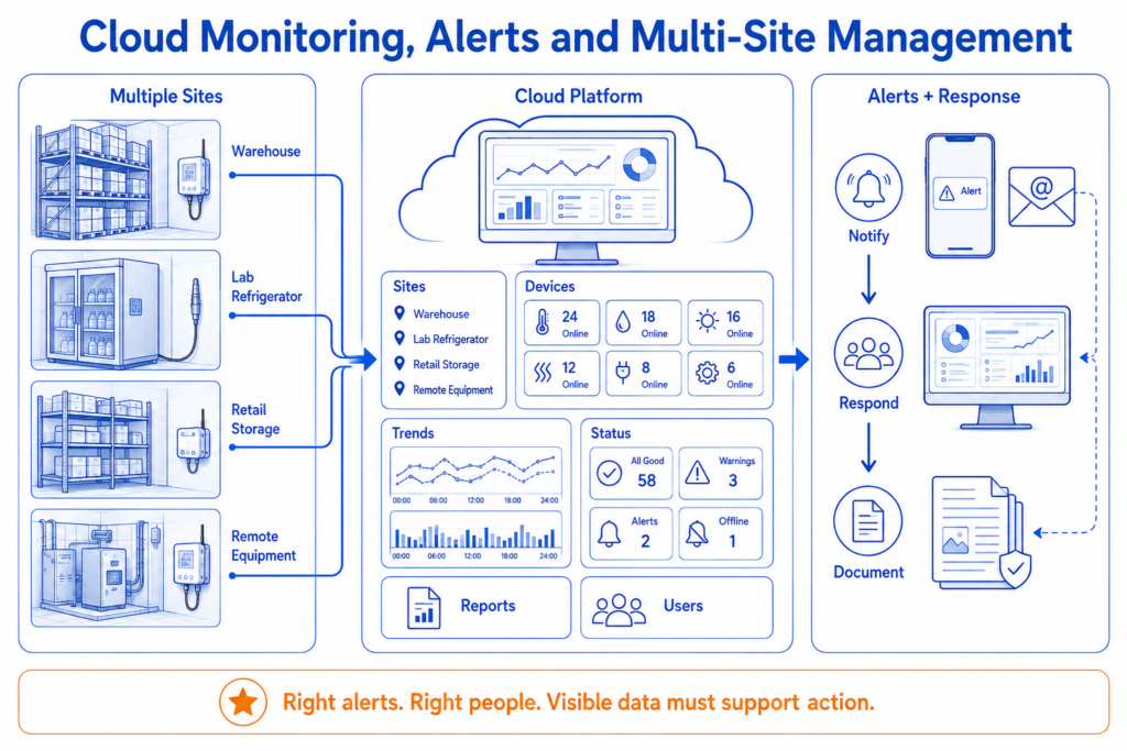 Cloud-based multi-site temperature monitoring dashboard with alerts, reports and device management