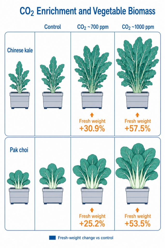 CO₂ enrichment increased pak choi and kale fresh weight under the tested vertical farming conditions.