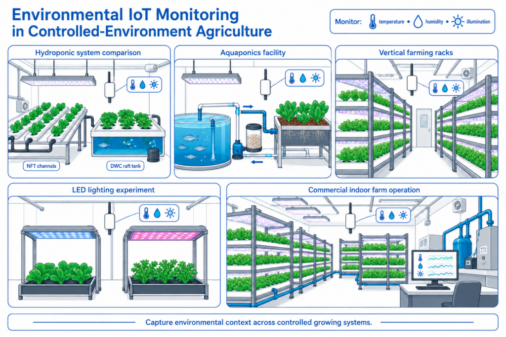 The same monitoring approach can support hydroponic research, aquaponics, vertical farming, LED lighting trials, and commercial indoor farms.