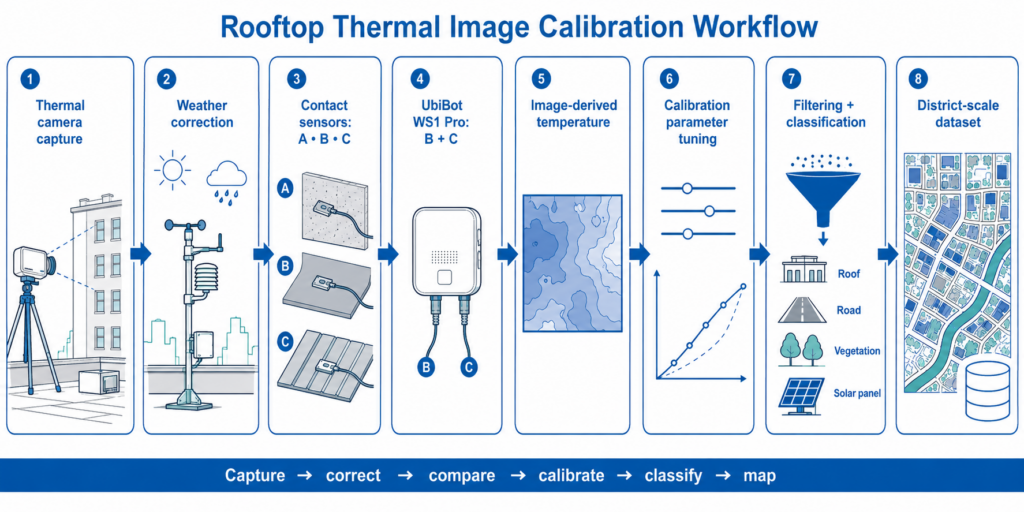 Research workflow from rooftop image capture to contact-sensor validation, calibration, filtering, classification, and surface-temperature dataset generation.