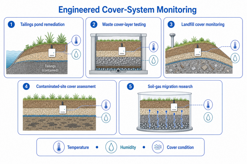The same monitoring approach can support radioactive waste cover testing, landfill cover monitoring, contaminated-site assessment, and soil gas migration studies.