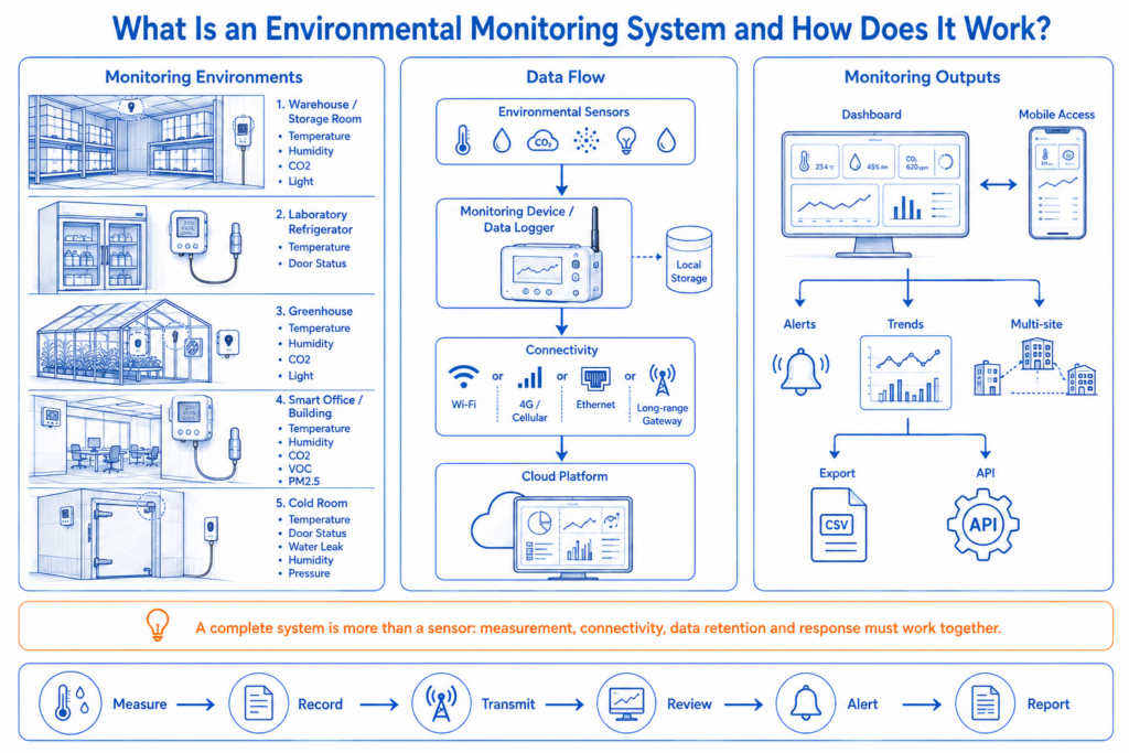 Environmental monitoring system overview showing sensors, data loggers, connectivity, cloud dashboards, alerts and reports across real-world sites.