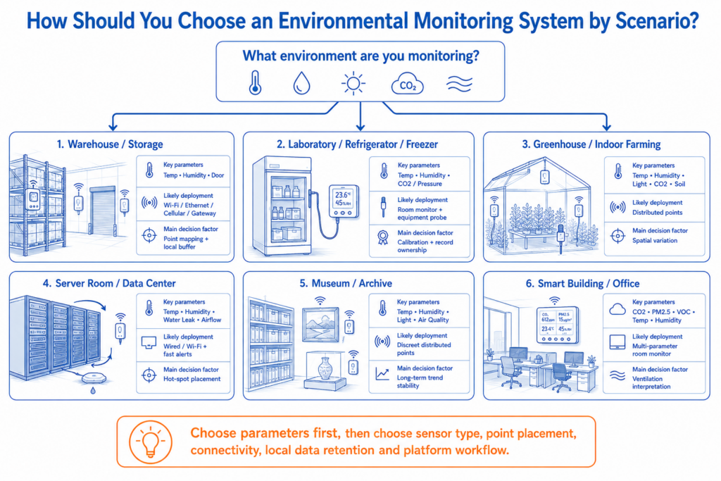 Scenario-based environmental monitoring selection guide for warehouses, laboratories, greenhouses, smart buildings, server rooms and cold storage.