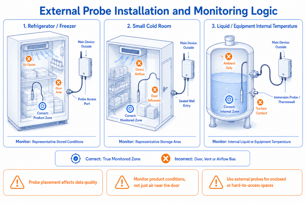 External temperature probe placement in a refrigerator, cold room and storage environment for remote temperature monitoring