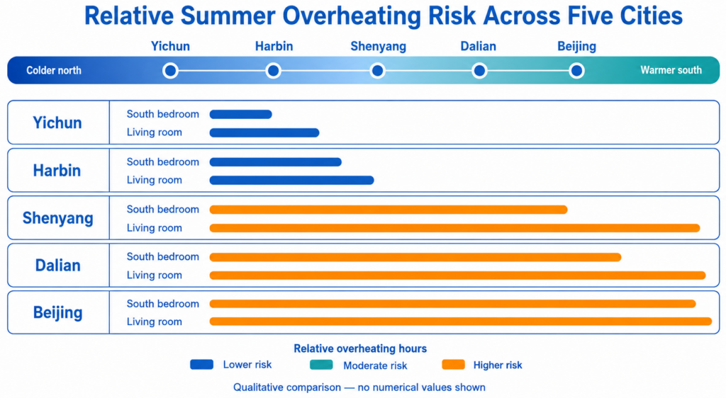 The simulation found different levels of summer overheating across Yichun, Harbin, Shenyang, Dalian, and Beijing.