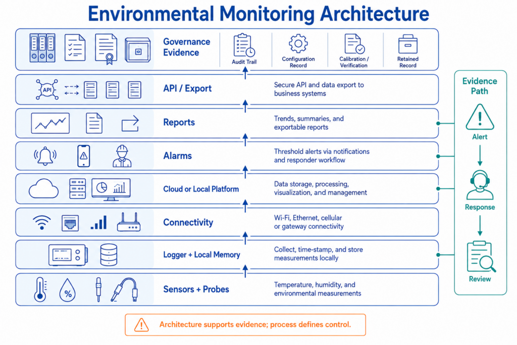 Layered monitoring architecture for HACCP and ISO 22000 cold-chain records.