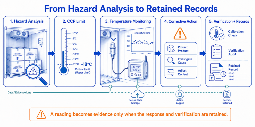 HACCP temperature monitoring links hazards, limits, records, corrective action and verification.