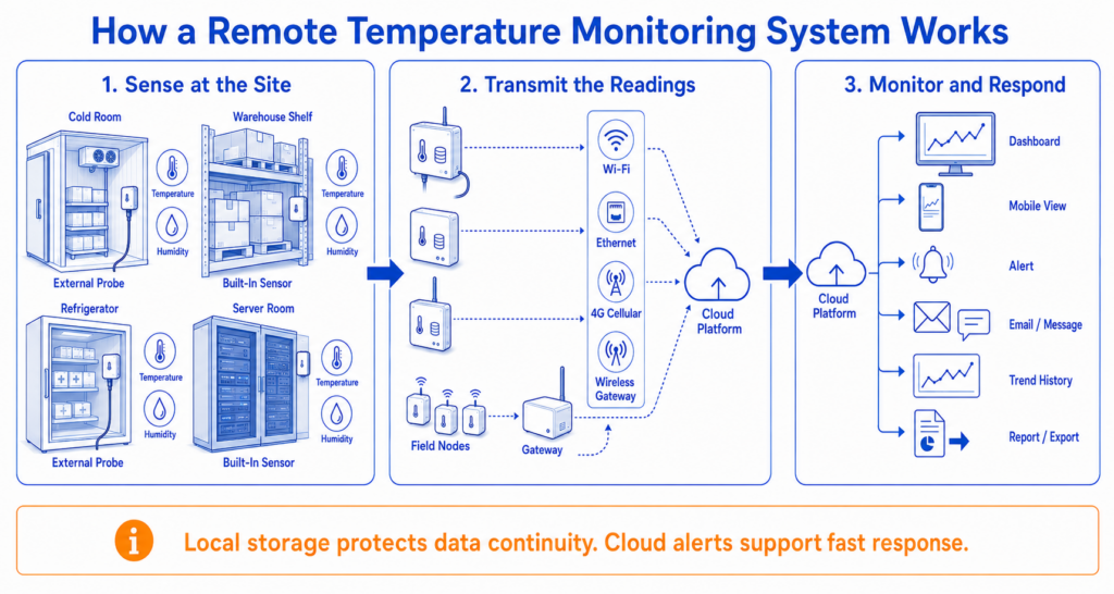 Diagram showing how a remote temperature monitoring system collects data, uploads it to the cloud and sends alerts