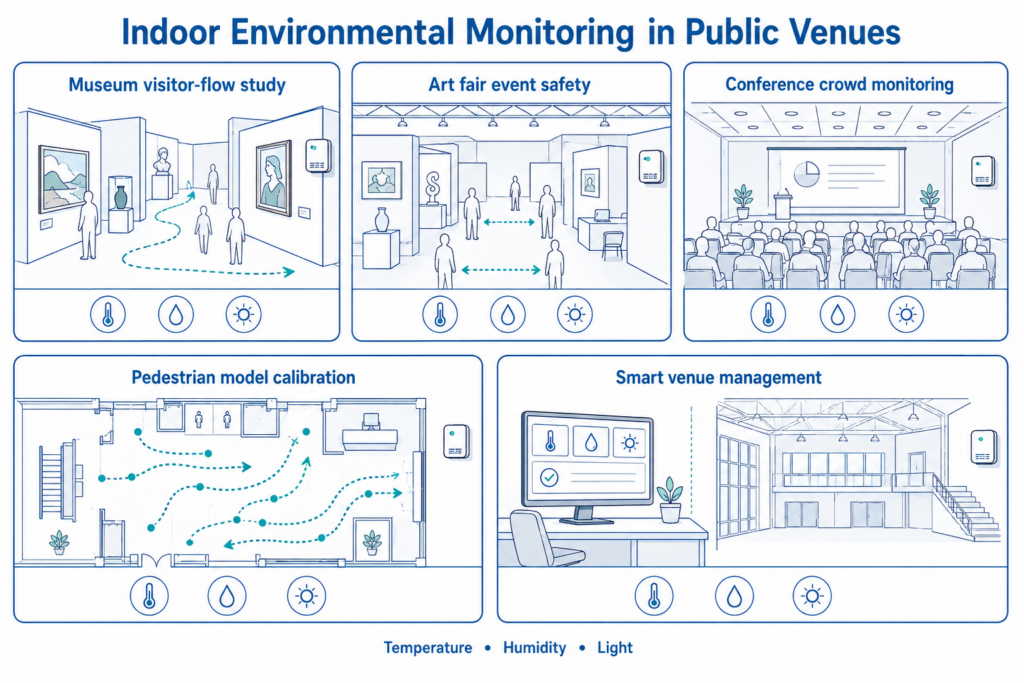 The same monitoring approach can support museum visitor-flow studies, public event safety research, pedestrian model calibration, and smart venue management.