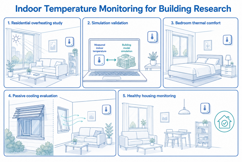 The same monitoring approach can support overheating studies, simulation validation, thermal comfort assessment, passive cooling evaluation, and healthy housing research.