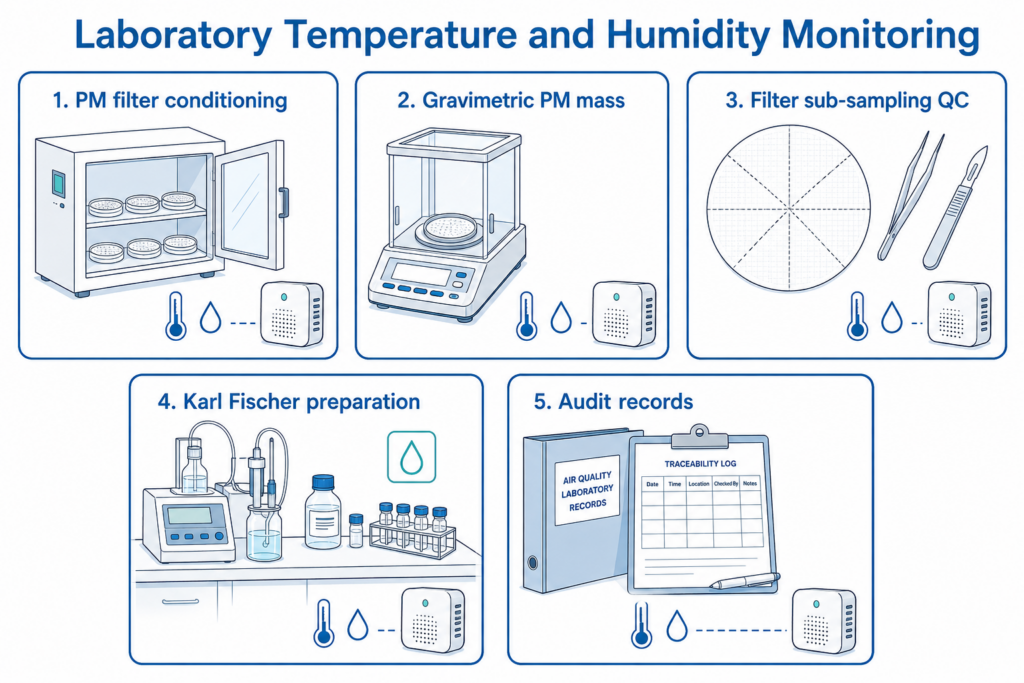 The same temperature and humidity monitoring approach can support PM filter conditioning rooms, gravimetric weighing, aerosol chemistry, and laboratory audit records.