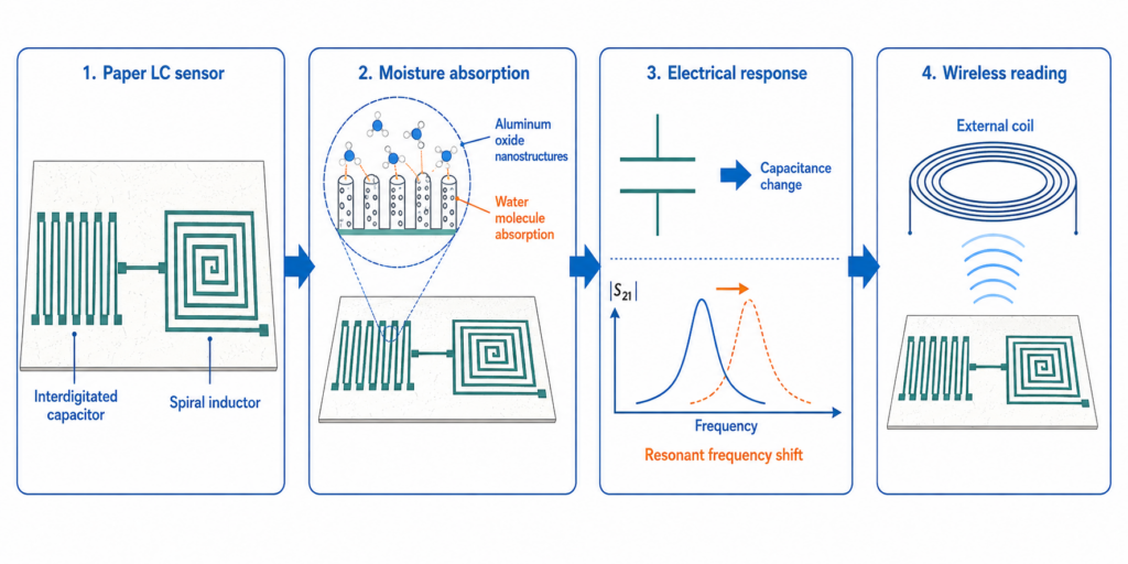 Humidity changed the sensor capacitance, causing a resonant-frequency shift that could be read wirelessly.