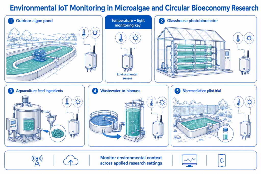The same environmental monitoring approach can support glasshouse, outdoor, aquaculture, wastewater-to-biomass, and bioremediation trials.