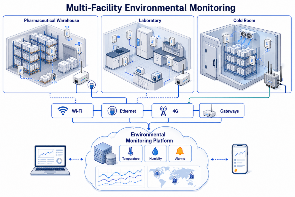 Multi-site environmental monitoring system connecting sensors, gateways and central software