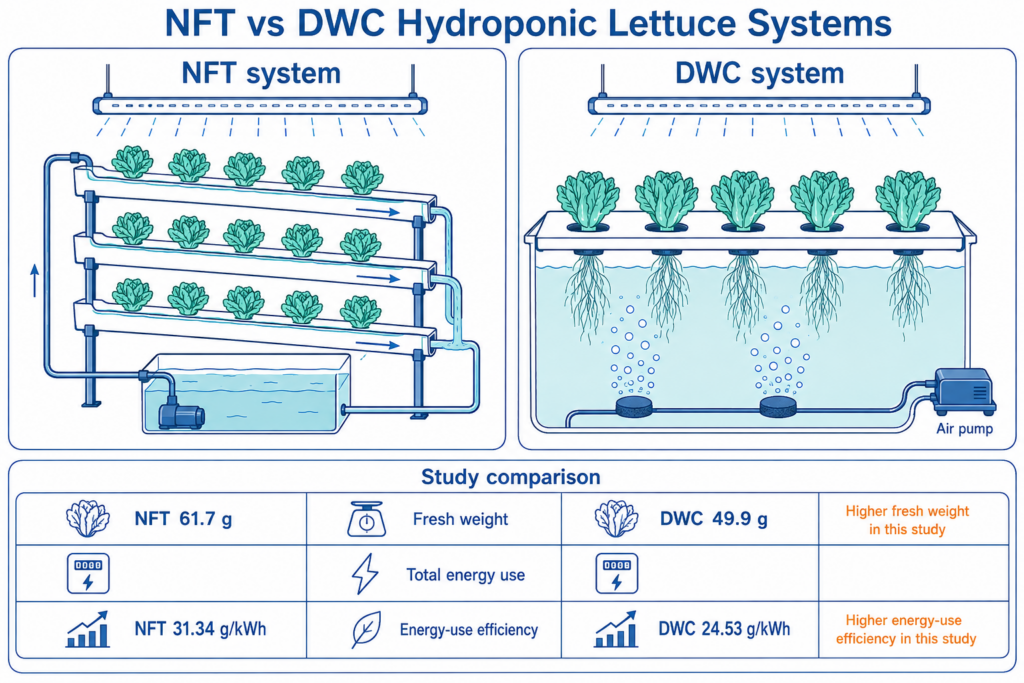 NFT achieved higher fresh biomass and higher energy-use efficiency than DWC under the tested indoor conditions.