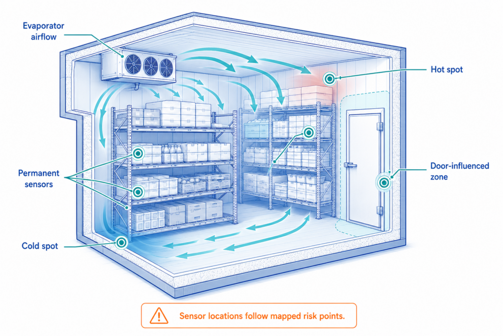 Food cold-room sensor placement based on airflow, door effects and representative storage zones.