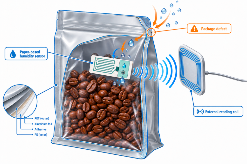 The Purdue study tested a low-cost, paper-based wireless humidity sensor for detecting moisture changes inside sealed packages.