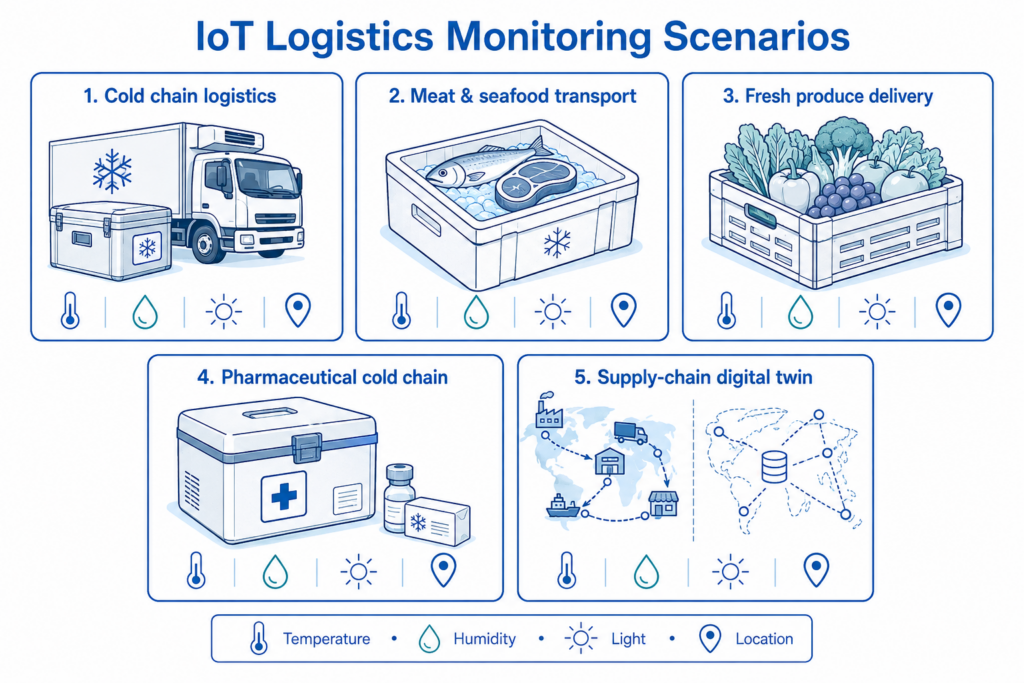 The same monitoring approach can support cold chain logistics, meat and seafood delivery, fresh produce transport, pharmaceutical cold chain, and supply-chain digital twins.