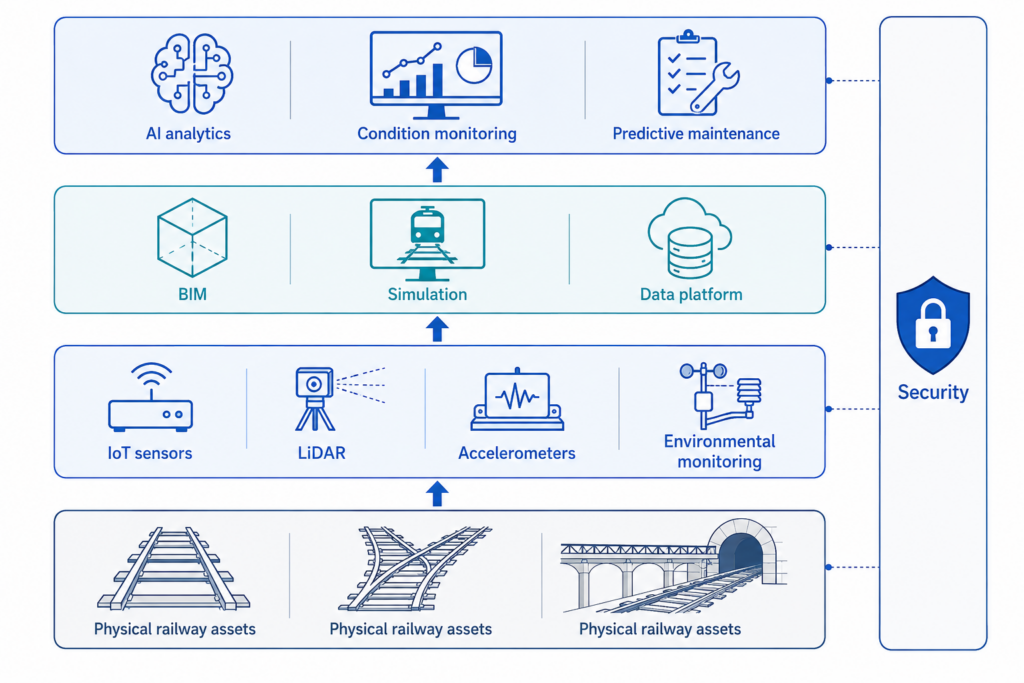 IoT sensors, BIM, simulation, AI, computer vision, and security technologies are important parts of railway digital twin systems.