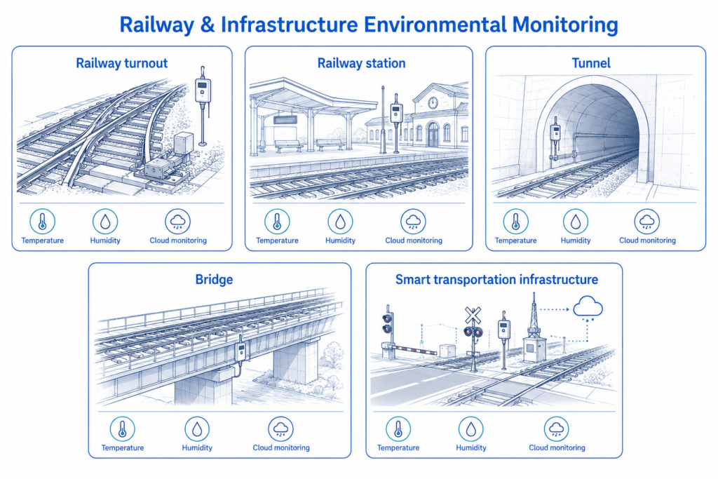 The same monitoring logic can support railway stations, tunnels, bridges, smart transportation infrastructure, and other distributed sites.