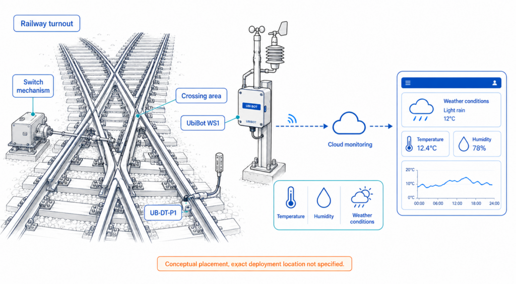 UbiBot WS1 and UB-DT-P1 sensors were referenced for collecting weather-condition data affecting railway turnouts and safety.