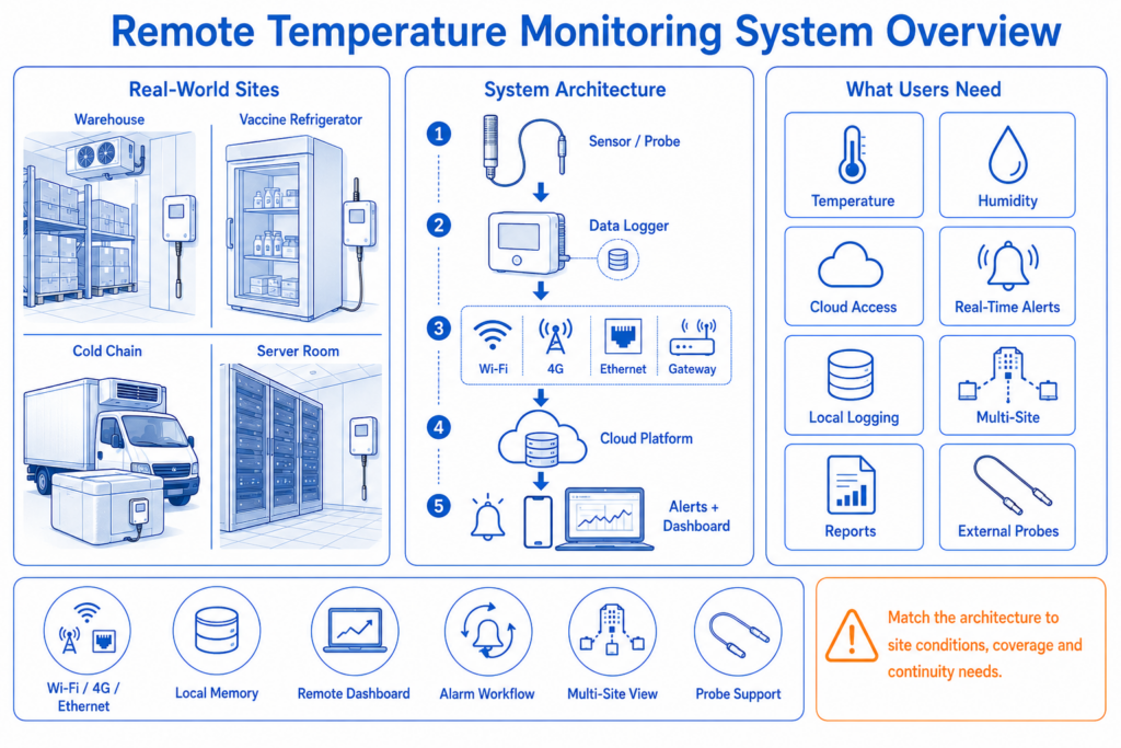 Decision tree for choosing a remote temperature monitoring system based on site conditions and monitoring needs