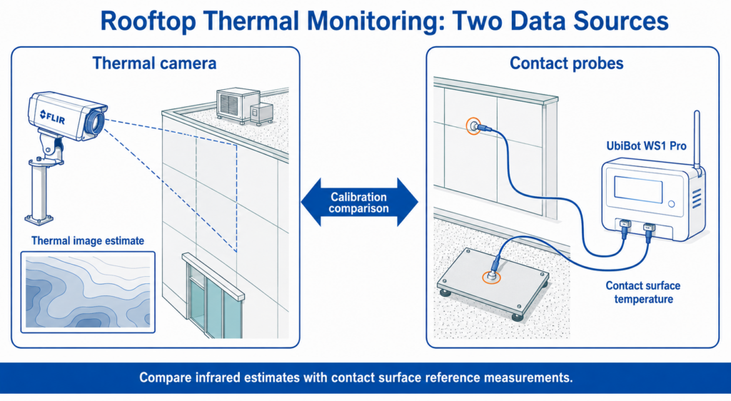 FLIR A300 captured thermal images, while UbiBot-connected probes provided contact surface-temperature reference data for calibration.