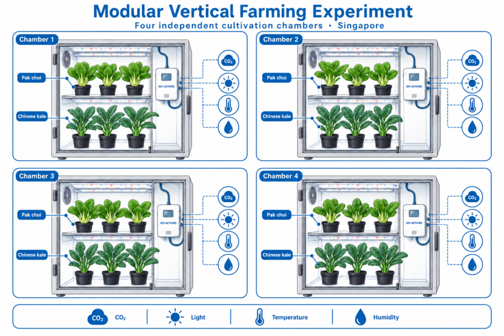 Study overview: UbiBot GS1-AETH1RS monitored CO₂, light, temperature, and humidity inside modular vertical farming chambers.